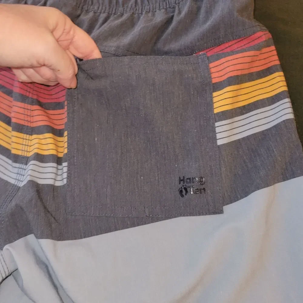 Hang Ten Gray and Yellow Logo Swim Trunks